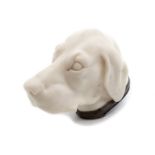 A pewter-mounted parian porcelain snuff box, modelled as the head of an English setter dog, 8cm.