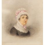 Adam Buck (British, 1759-1833) A portrait miniature of a lady wearing a bonnet with pink ribbon