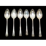 A set of five George III silver dessert spoons, Thomas Oliphant, London 1804, Old English pattern