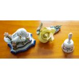 A Crown Staffordshire decorative bell, a Boehm porcelain flower study and a French porcelain