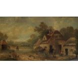 A 19th century landscape scene, in the style of George Moorland, oil on canvas, 25.5cm x 46cm,