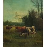 William Frederick Hulk (British 1852-1922), "Cattle grazing within a meadow", oil on canvas,