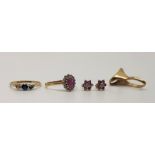 A 9ct. gold, diamond and ruby ring, together with a pair of 9ct. gold, diamond and ruby earrings,