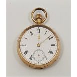 A Swiss 14ct. gold ladies' pocket watch, crown wind, having white enamel Roman numeral dial with