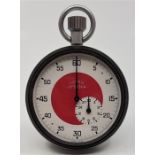 A Nero Lemania stainless steel pocket stop watch, crown wind, signed circular red and white enamel