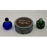 Two Chinese snuff bottles and a cloisonne circular box and cover. (3)