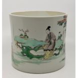 A Chinese Qing period famille verte Bitong brush pot, decorated all round with a garden scene of