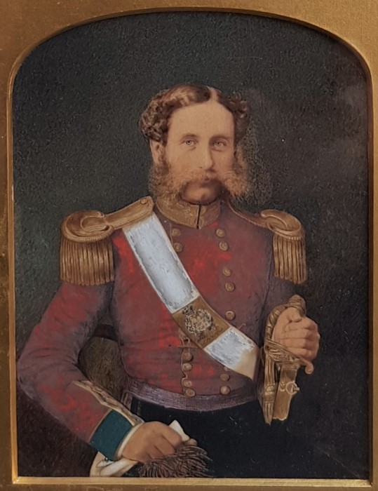 A 19th century portrait of a British Infantry officer, half length, wearing red uniform with gilt