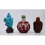 A collection of Chinese items, to include; A 19th cent Chinese overlay snuff bottle, a turquoise