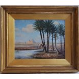 Edwin Harris, Orientalist School, "Pyramids by the Nile", oil on board, signed lower left, 29cm x