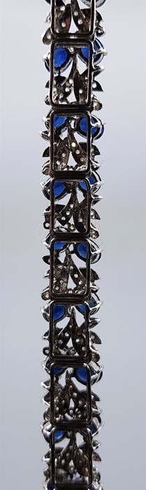 A blue sapphire and diamond fringe choker necklace, bracelet and drop earrings suite, mounted in - Image 7 of 7