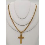 An 18ct. gold rope chain, length 79.5cm, with lobster claw clasp, suspending an 18ct. gold cross,