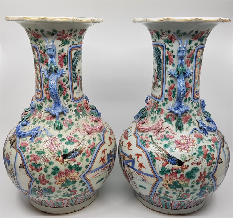 A pair of Qing dynasty Chinese vases, decorated in famille rose design of typical form, height 35cm - Image 2 of 7