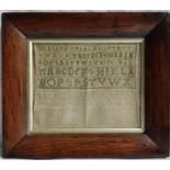 A late Victorian alphabet sampler, dated '86, 16.5cm x 20.5cm, framed and under glass.