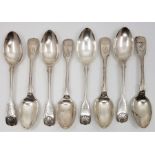 A set of eight silver fiddle thread and shell pattern dessert spoons, by John Round & Son Ltd,