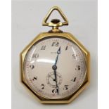 A Cyma Art Deco style octagonal cased gold plated pocket watch, crown wind, having silvered circular