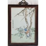 An early 20th century Chinese famille rose plaque, height 42.7cm inc. frame.