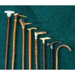 Eight assorted walking canes with various handles, to include antler (8) Note: located at the