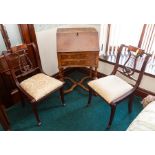 A small burr wood fall-front bureau of Queen Anne design, width 55cm, and a pair of side chairs with