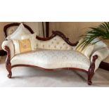 A chaise of Victorian design, cream damask upholstery, carved framed with cabriole legs, width 201cm