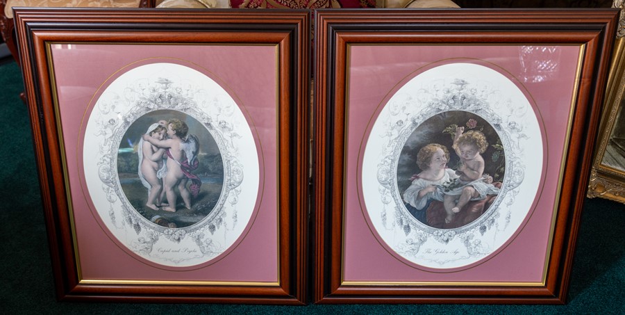 A pair of oval prints, 'The Golden Age' and 'Cupid & Psyche', 52 by 42cm, framed (2) Note: located