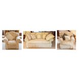 A recent upholstered three piece suite, scroll arms, cream damask upholstery (3) Note: located at