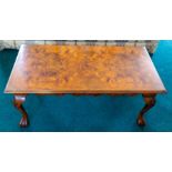 A recent coffee table, bur wood top, cabriole legs, width 117cm Note: located at the vendor's