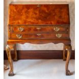 A burr wood fall-front bureau of Georgian design, twin frieze drawers, cabriole legs, claw and