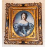 A decorative portrait of a lady wearing a blue dress, oil on canvas, oval, 55 by 45cm, gilt frame