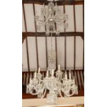 A pair of clear cut glass fourteen light pendant electroliers, with facet cut glass droppers, drop