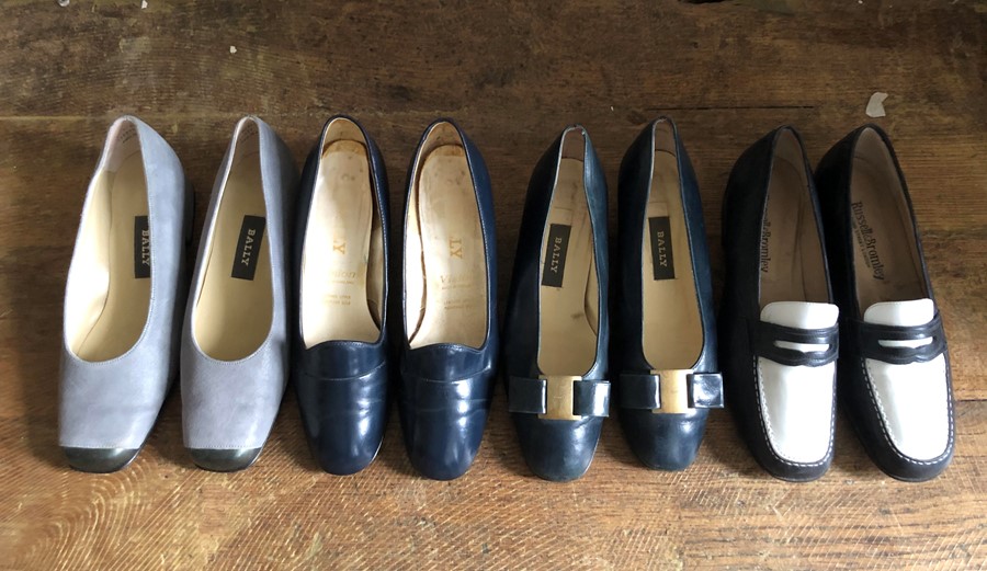 A collection of ladies shoes to include three pairs of Bally shoes, 2 navy, 1 grey, size 4 and a