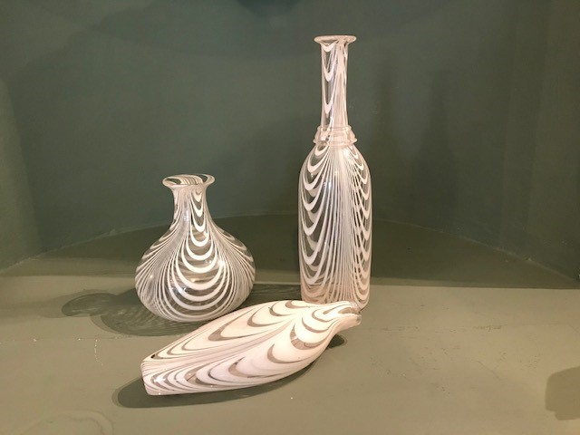 Three items of 19th Century Nailsea type glass vessels, white inclusions, to include a decanter, a