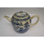 A mid 19th Century Chinese exported teapot, riveted repair to the handle blue / white Willow
