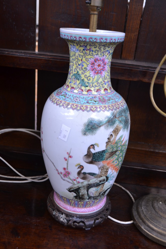 Three table lamps, two Chinese and one Galle style with peacock shade - Image 4 of 4