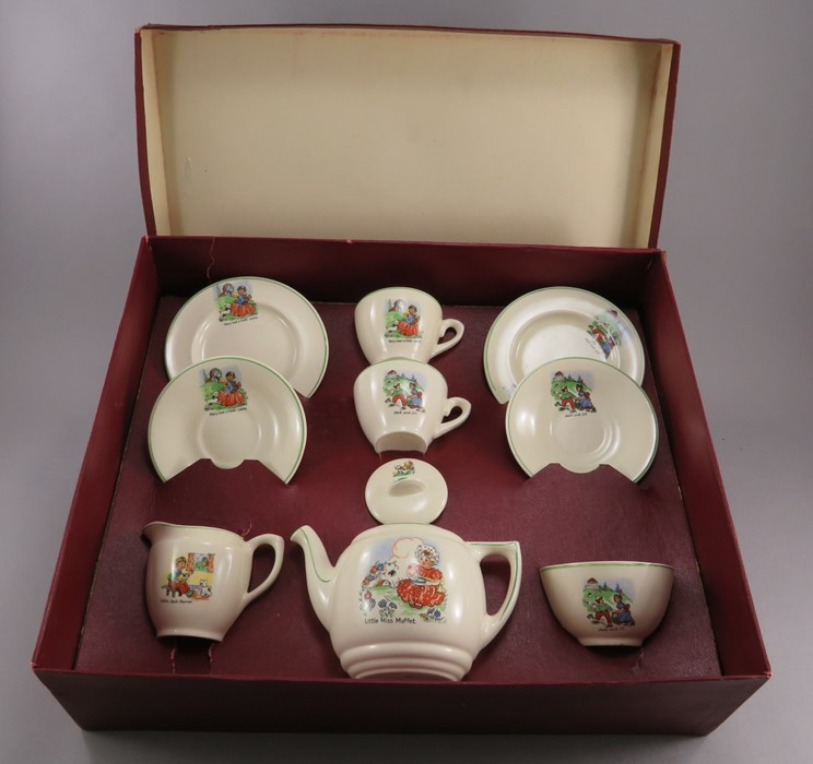 An early twentieth century art deco period child’s tea service, c. 1910-30. It is decorated with