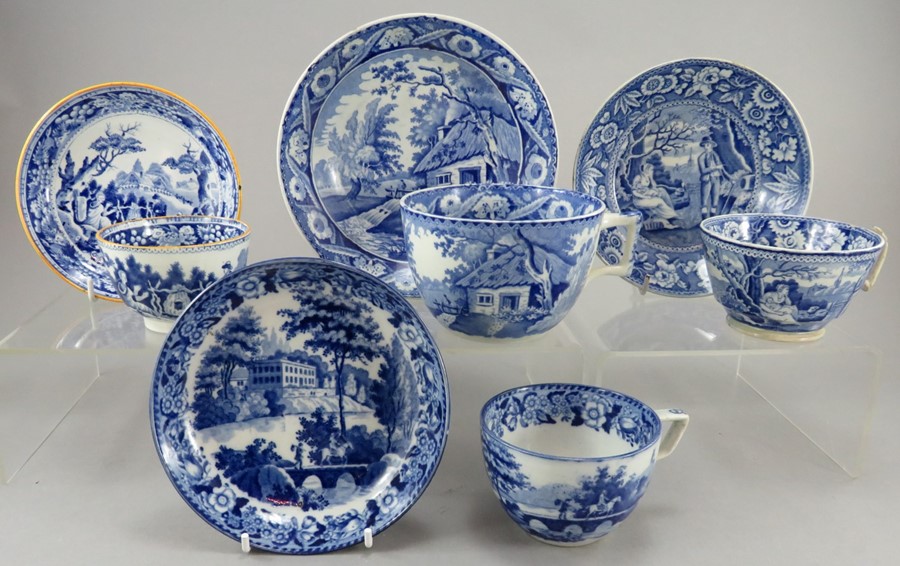 A group of early nineteenth century blue and white transfer-printed rural tea wares, c. 1820-30.