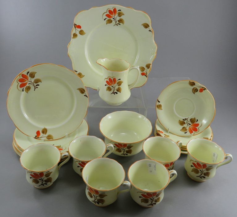 An early twentieth century art deco hand-painted Foley China part tea service, pattern V280, c.