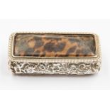 A Victorian silver and tortoiseshell snuffbox with ornate floral decoration, the lid with