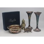 A small group of electroplated wares, 20th Century, including a Barker Ellis wine stand (boxed), a