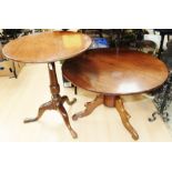 A George III mahogany tilt top tripod table, together with a further tripod table, altered and