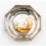 A Royal Worcester George V silver mounted trinket dish, the inset ceramic panel depicting a castle