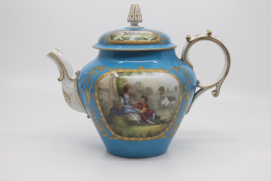A Sevres-style teapot and cover, late 19th Century, of ogee form with scroll handle, painted with