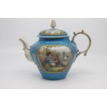 A Sevres-style teapot and cover, late 19th Century, of ogee form with scroll handle, painted with