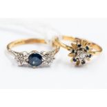 Two sapphire and diamond 18ct gold rings, comprising a three stone ring set to the centre approx