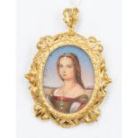 An 18ct gold renaissance style miniature portrait brooch pendant, with foliate border, size