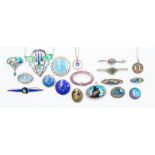 A collection of silver and enamel jewellery to include a Charles Horner brooch, blue enamel with