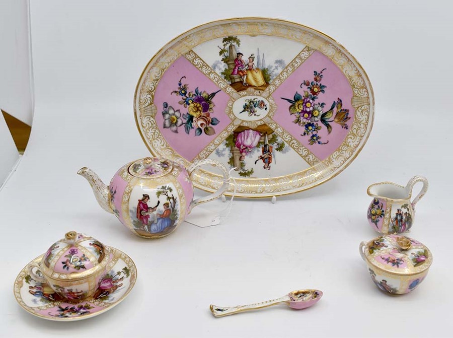 A Helena Wolfsohn Dresden porcelain cabaret set, circa 1880-90, decorated with scenes of courting