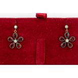 A pair of daisy garnet and diamond set drop earrings, silver gilt, size approx 15mm Condition