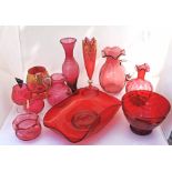 Cranberry and coloured glass. Various periods. Inc Hand painted Bohemian vase 28cm, mid century