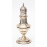 A George III silver caster, baluster shaped body with reeded mid-rib on spreading raised circular
